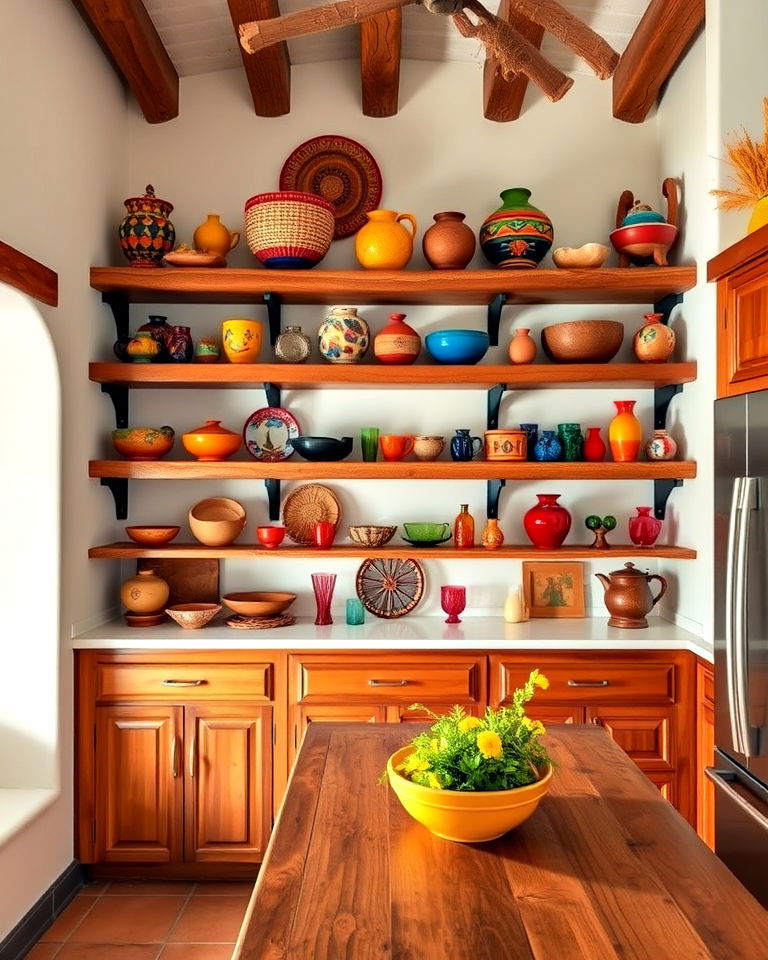decorative open shelving - 25 Mexican Style House Design Ideas