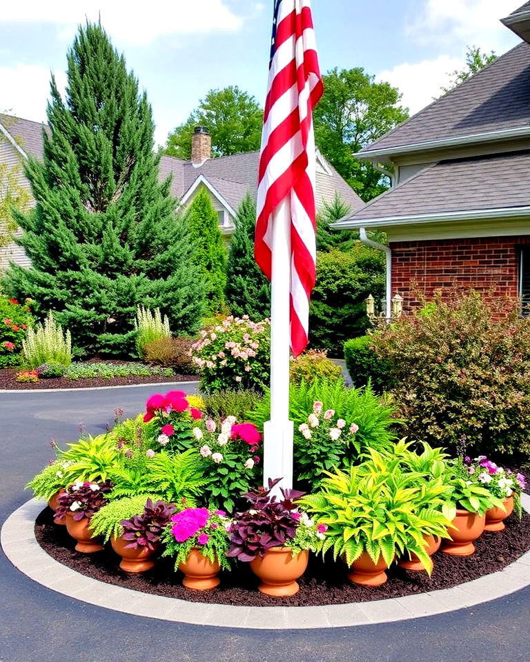 decorative planters around the flagpole - 20 Residential Flag Pole Landscaping Ideas