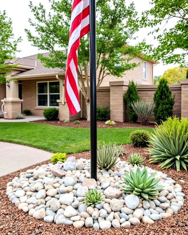 decorative rocks or pebbles flag pole landscaping - 20 Residential Flag Pole Landscaping Ideas