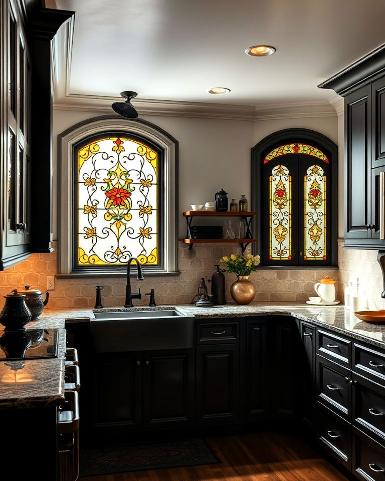 decorative stained glass windows - 25 Dark Academia Kitchen Ideas