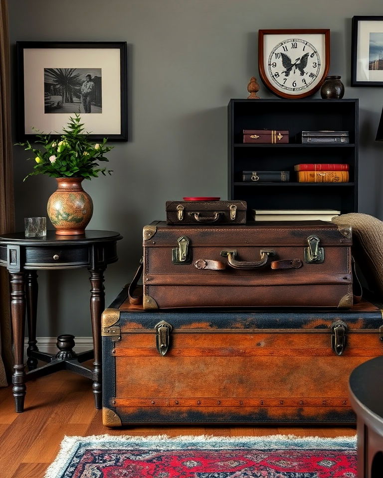 decorative trunks and suitcases - 15 Dark Academia Apartment Ideas