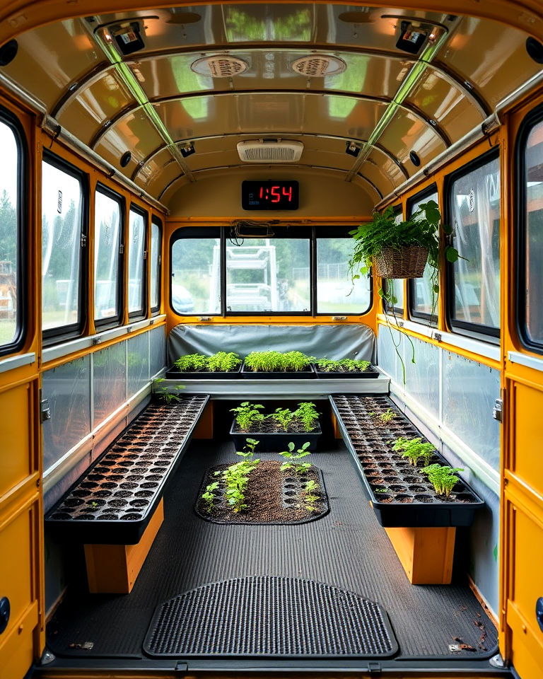 dedicated seed starting area - 15 School Bus Greenhouse Ideas