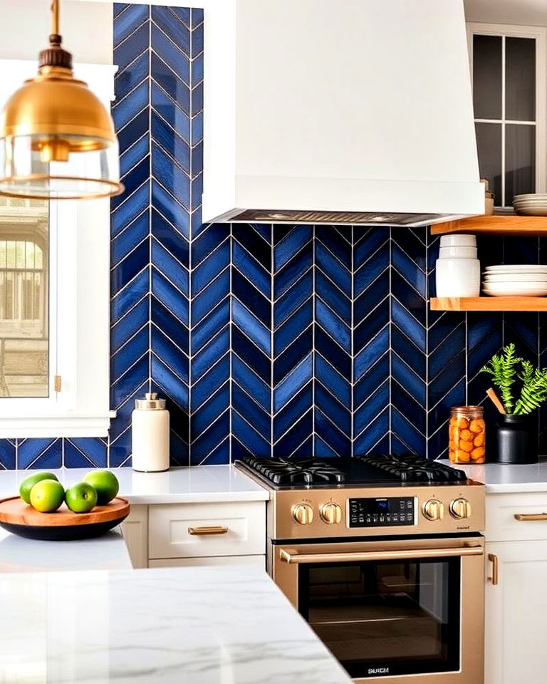 deep blue chevron tiles kitchen backsplash - 25 Kitchen With Blue Backsplash Ideas
