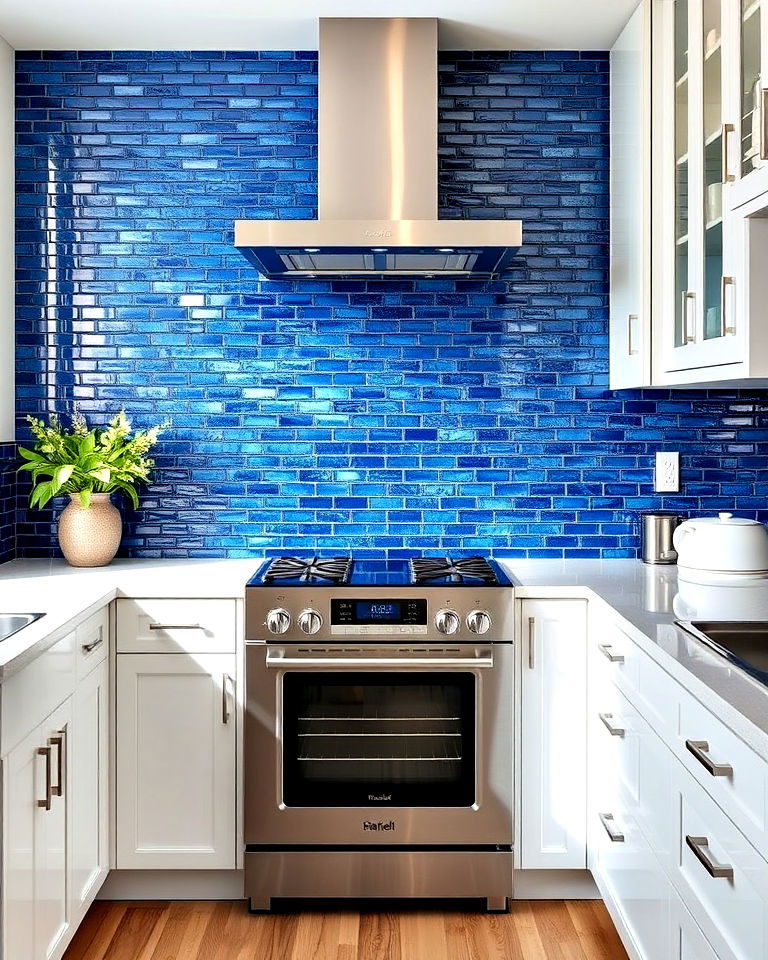 deep blue glass mosaic tiles for kitchen - 25 Kitchen With Blue Backsplash Ideas