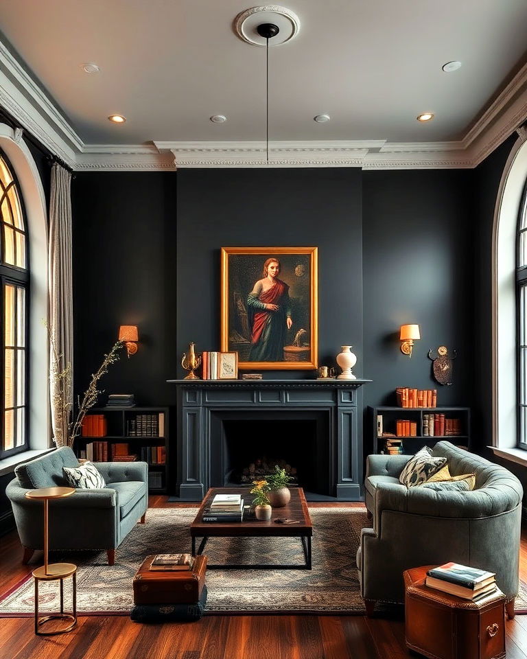 deep charcoal gray living room - 15 Dark Academia Wall Colors