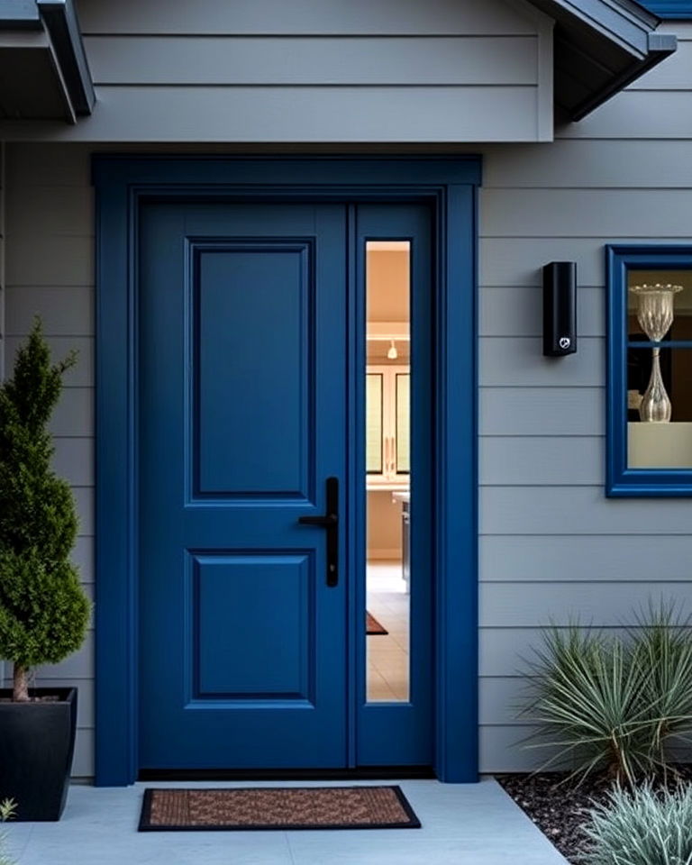 deep ocean blue for a bold modern statement - 25 Grey House With Blue Door Ideas