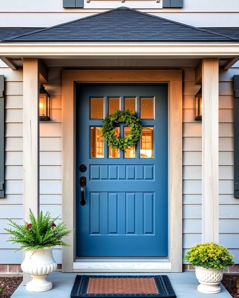 denim blue for rustic appeal - 25 Grey House With Blue Door Ideas