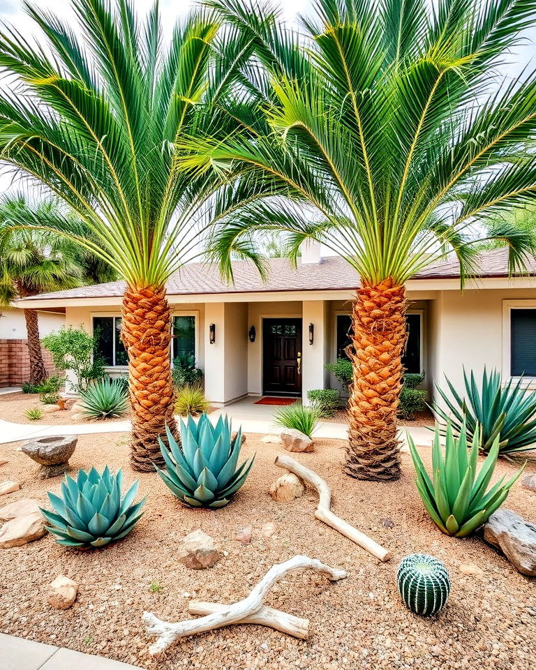 desert inspired palm and cactus arrangement - 25 Front Yard Palm Tree Landscape Design Ideas