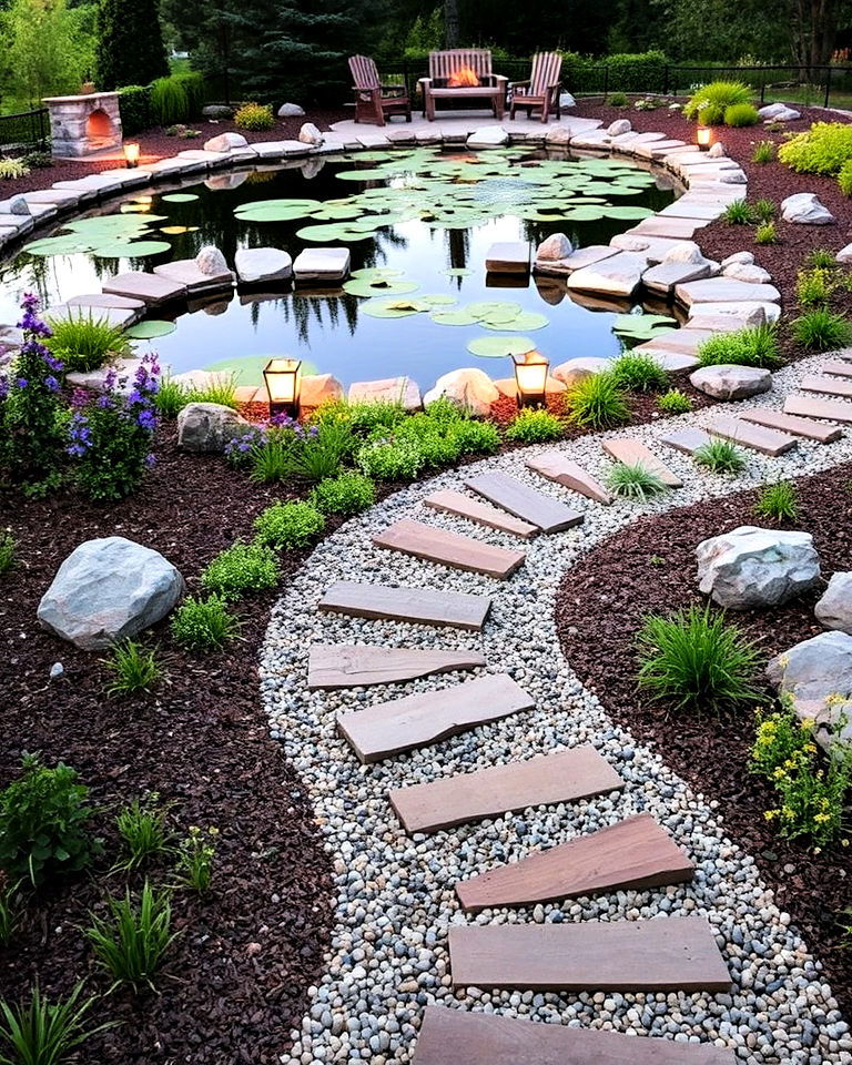 design a winding pathway around the pond - 15 Large Pond Landscaping Ideas