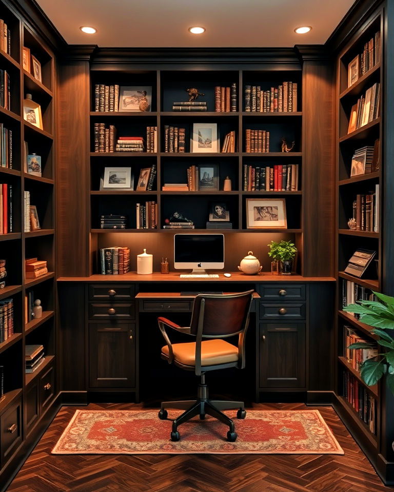 desk nook with built in shelves - 20 Dark Academia Home Office Ideas