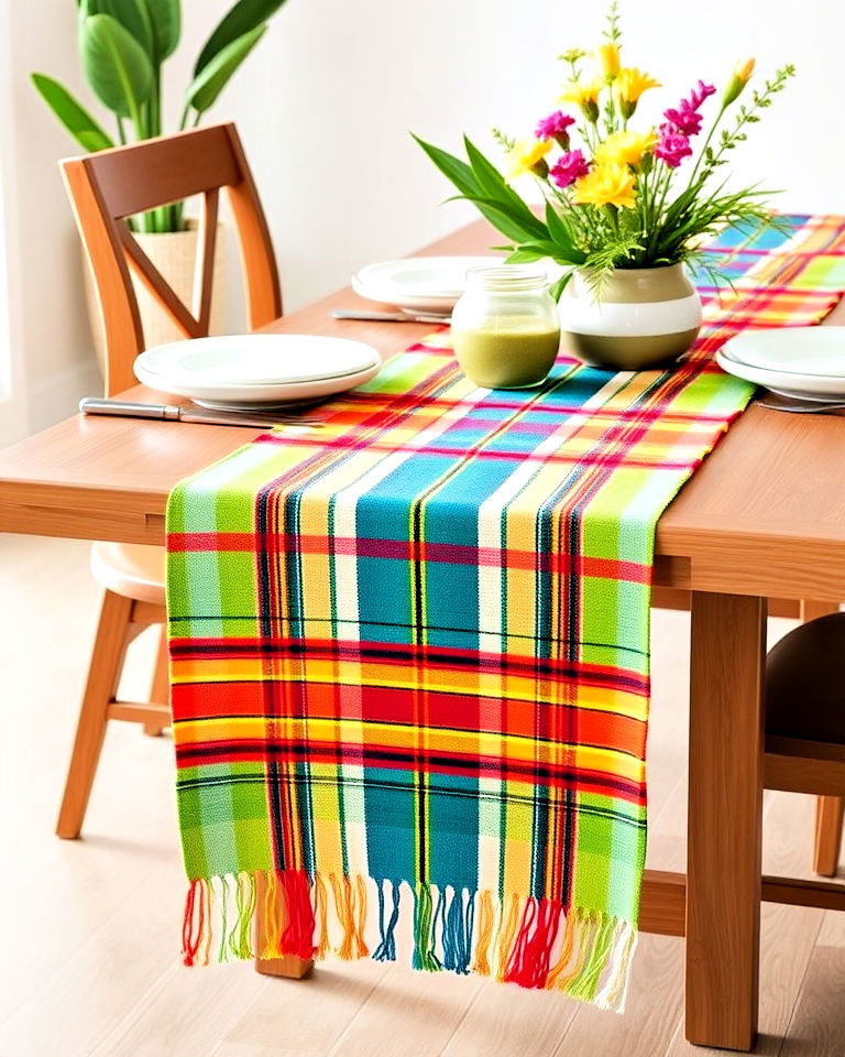 dining area with a traditional serape table runner - 25 Mexican Decor Ideas