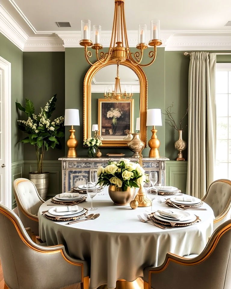 dining room sage green and gold accents - 25 Sage Green Dining Room Ideas