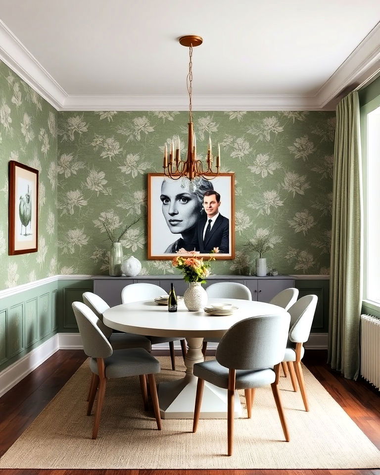 dining room sage green patterned wallpaper - 25 Sage Green Dining Room Ideas