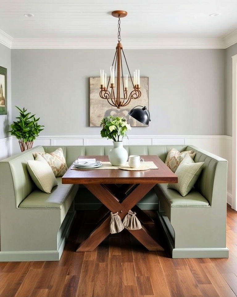 dining table sage green bench seating - 25 Sage Green Dining Room Ideas