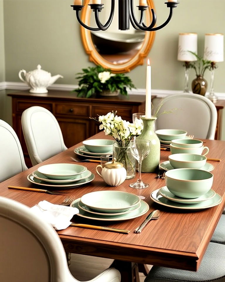dining table sage green dishware - 25 Sage Green Dining Room Ideas