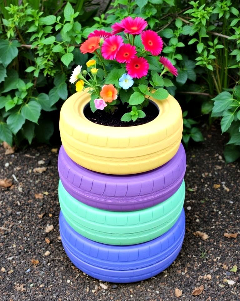 discarded tyres into vibrant planter - 25 Recycled Tyre Garden Art Ideas