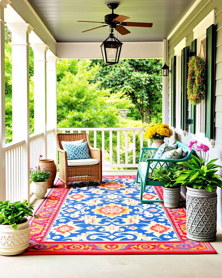 display a statement rug for porch decor - 25 Summer Front Porch Decor Ideas