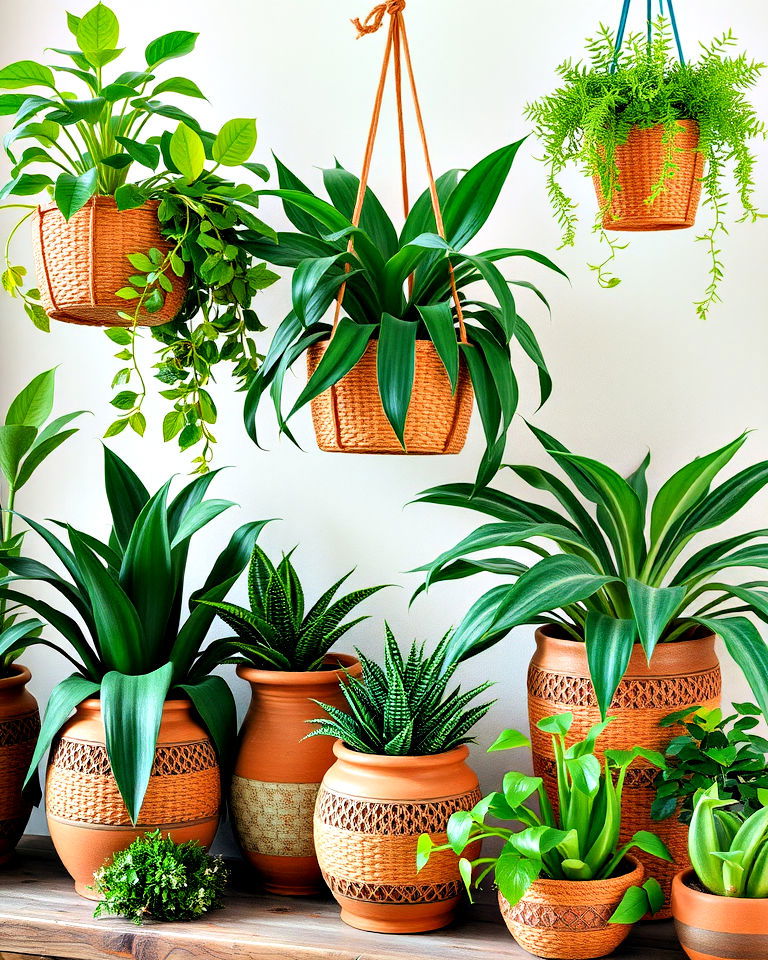 display greenery in rustic planters - 25 Rustic Boho Living Room Ideas