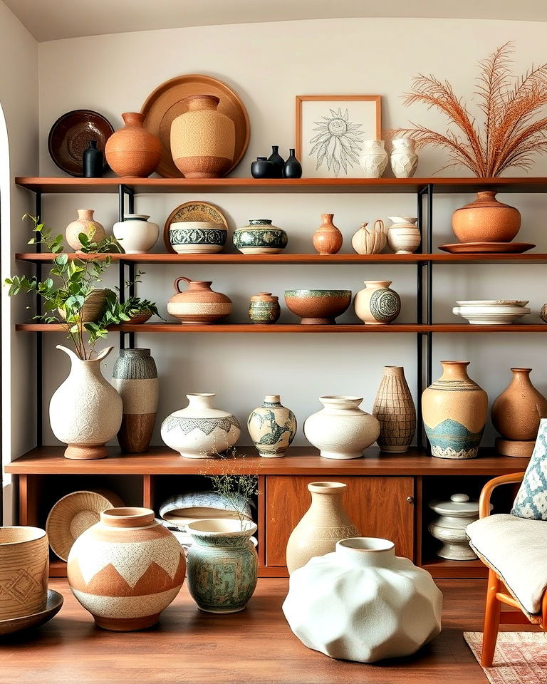 display vintage ceramics in a boho living room - 25 Mid Century Boho Decor Ideas