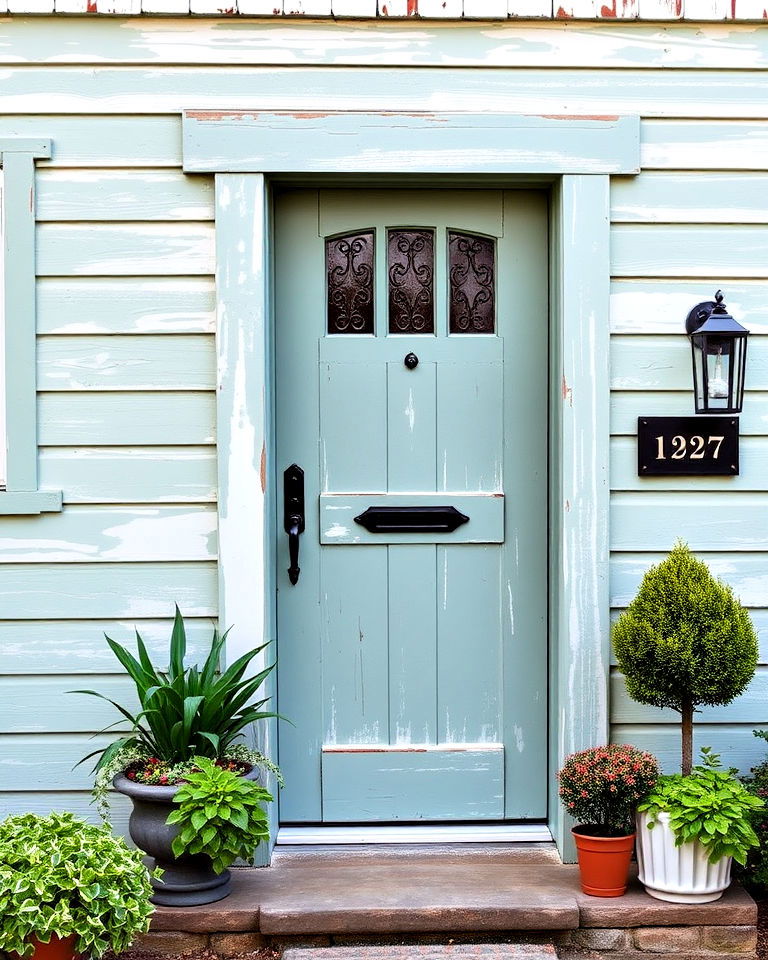 distressed paint finish front door - 20 Rustic Front Door Ideas