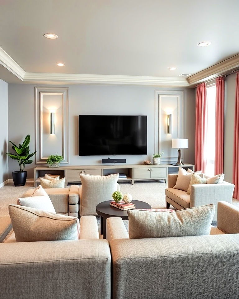 dove gray with pastel accents home theater - 15 Gray Home Theater Paint Color Schemes