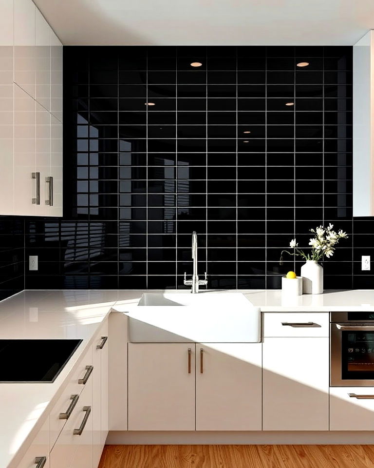dramatic black glass panels for kitchen - 20 Kitchens With Dark Backsplashes