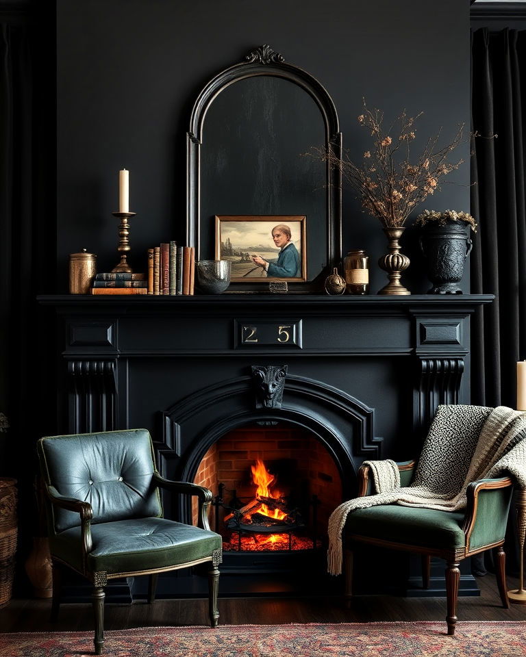 dramatic fireplace with blackened mantel - 15 Dark Academia Fireplace Ideas