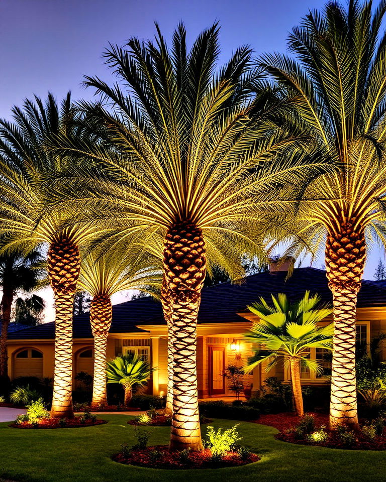 dramatic palm display with uplighting - 25 Front Yard Palm Tree Landscape Design Ideas