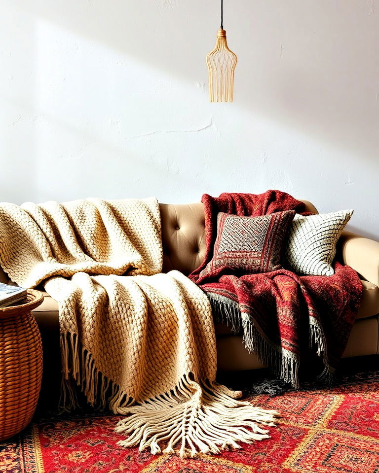 drape textured throw blankets over the sofa - 25 Bohemian Eclectic Interior Design Ideas