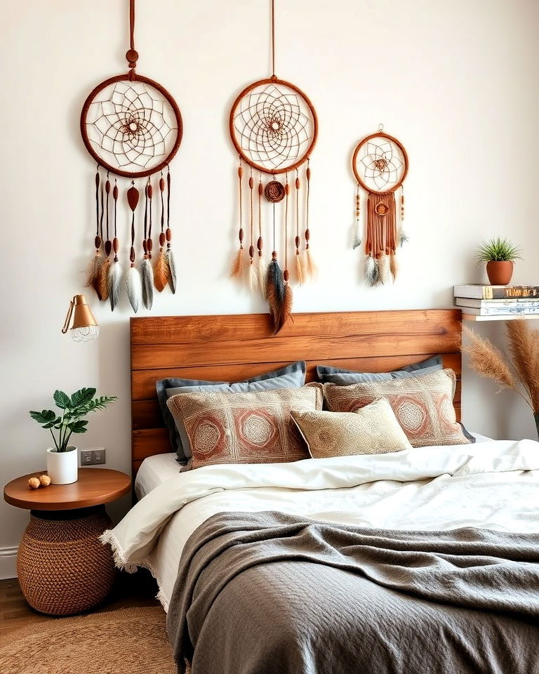 dreamcatcher and tribal inspired art above the bed - 25 Bohemian Eclectic Interior Design Ideas