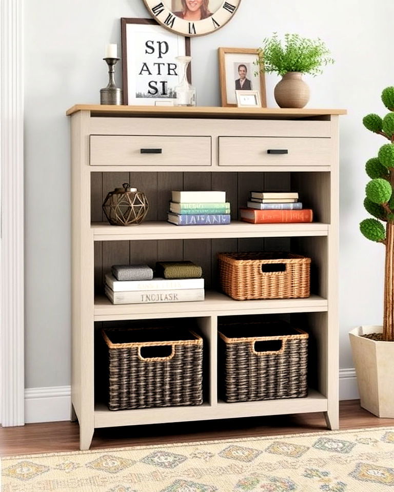dresser with open shelves for entryway - 15 Entryway Dresser Ideas