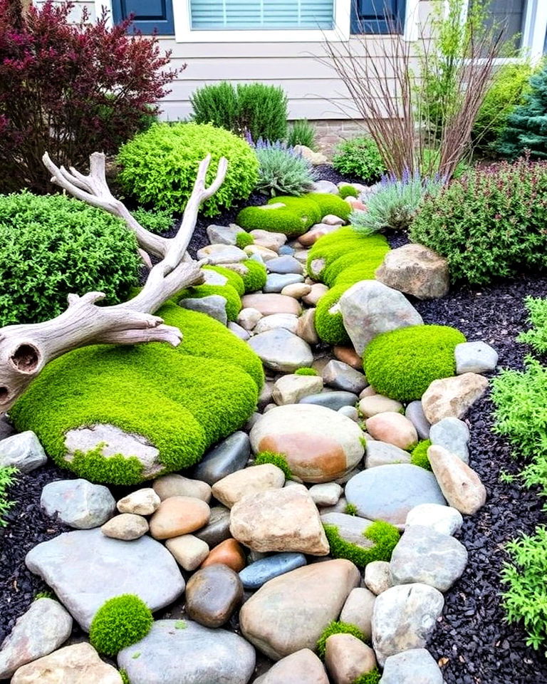 driftwood and moss into dry creek bed - 25 Front Yard Dry Creek Bed Landscaping Ideas