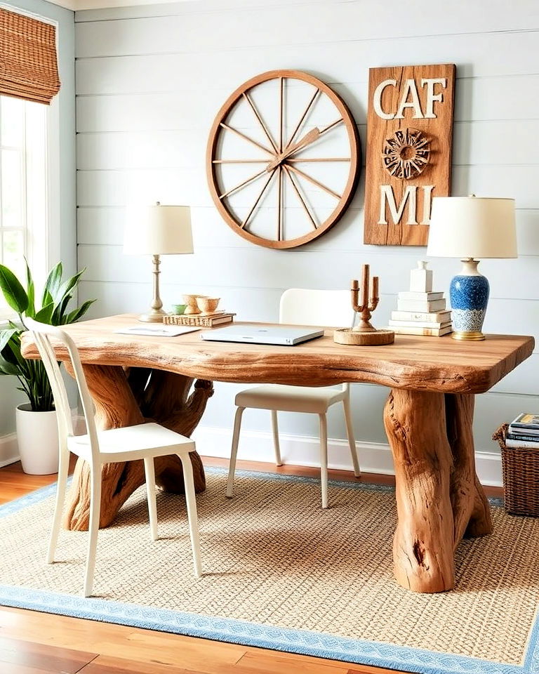 driftwood or reclaimed wood desk - 20 Coastal Home Office Ideas