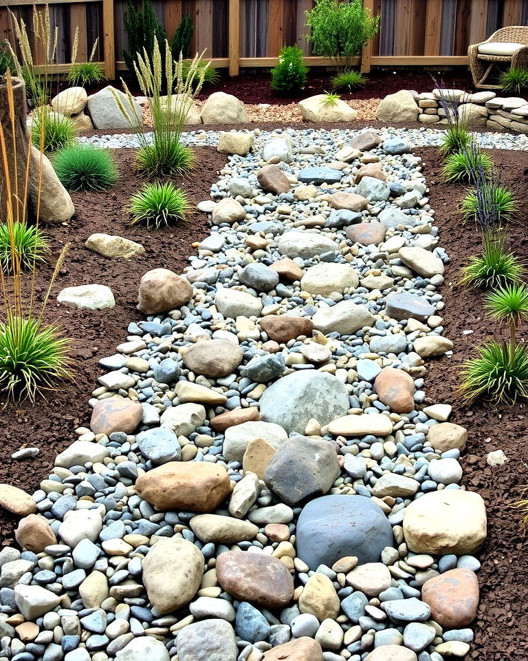dry creek bed replicates the look of a stream using rocks - 25 Small Garden Stream Ideas