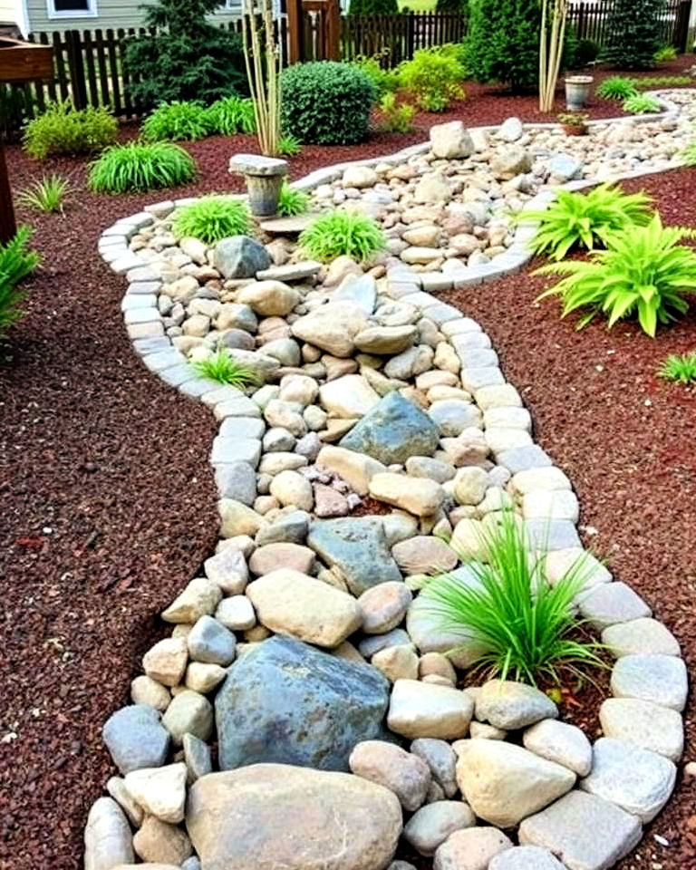 dry creek bed with curved edges - 25 Front Yard Dry Creek Bed Landscaping Ideas