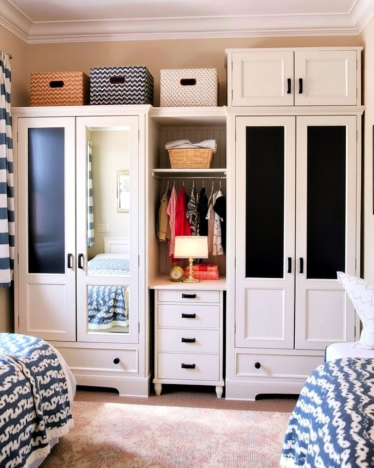 dual closets or armoires for boy and girl shared small room - 40 Boy and Girl Shared Small Room Ideas