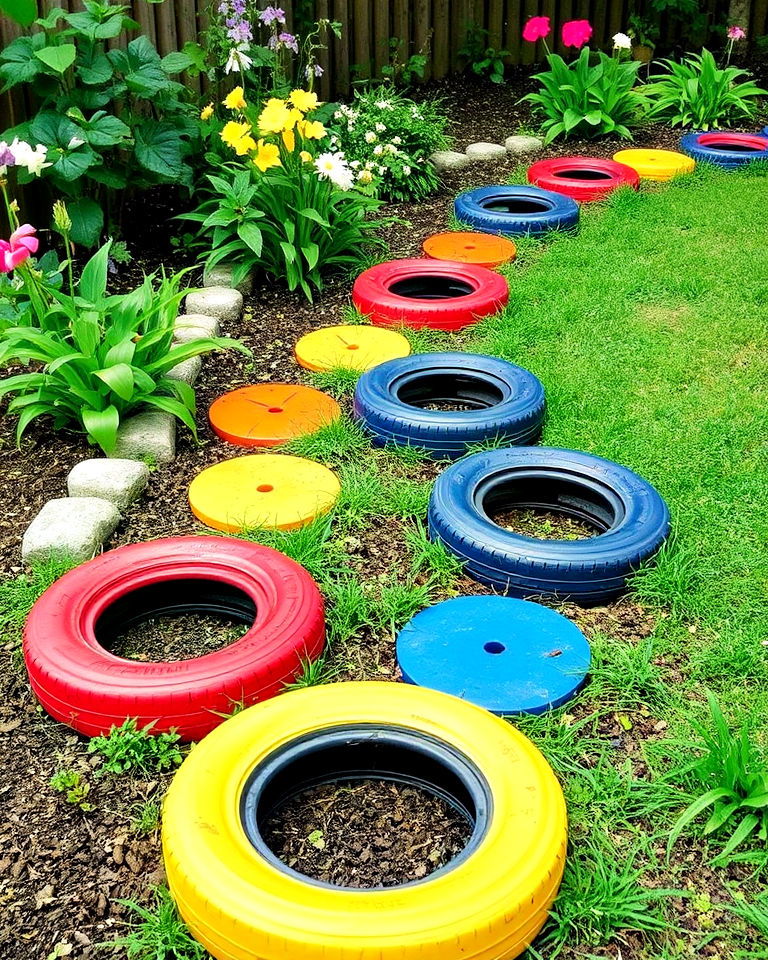 durable tyres pathways in garden - 25 Recycled Tyre Garden Art Ideas