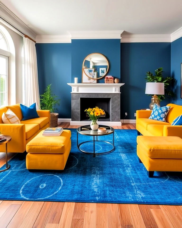 dynamic blue living room rug with yellow furniture - 20 Yellow and Blue Living Room Ideas