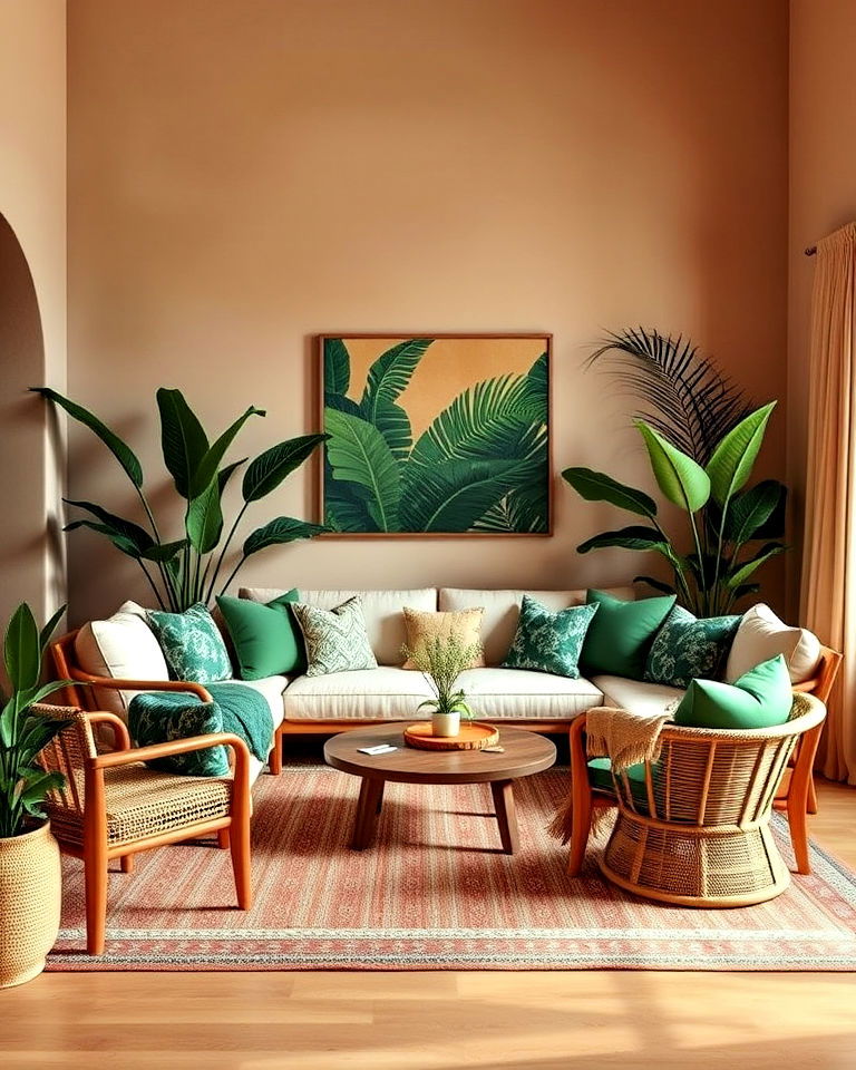 earthy color living room with green accents - 15 Boho Jungle Living Room Ideas