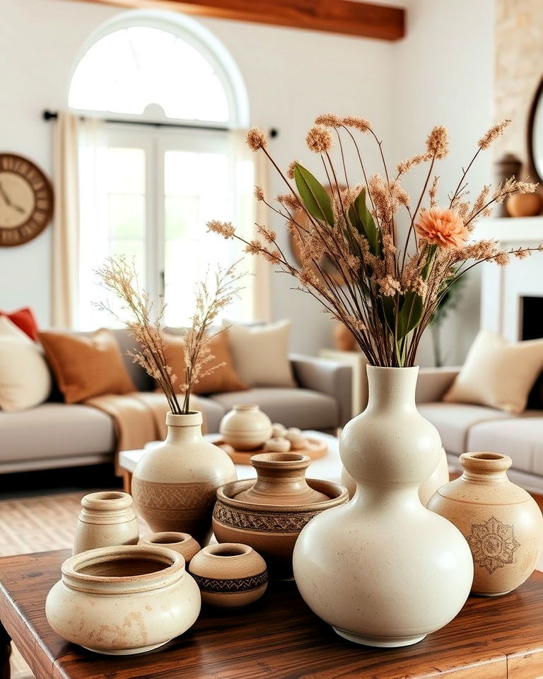 earthy pottery accents for boho living room - 15 Neutral Boho Living Room Ideas