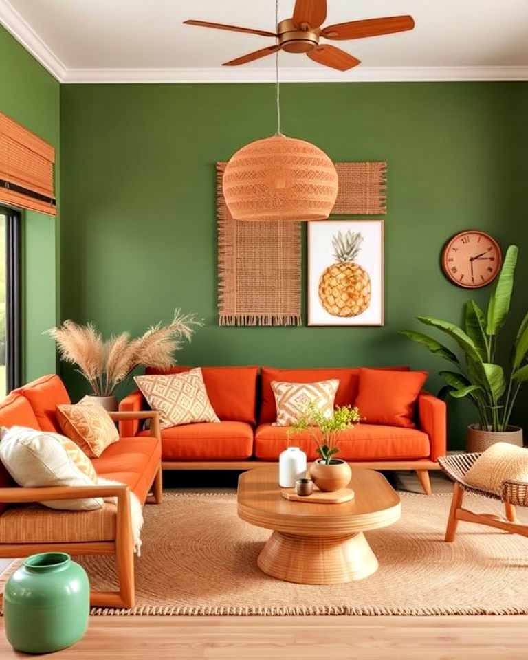 earthy terracotta and moss green living room - 25 Green and Orange Living Room Ideas