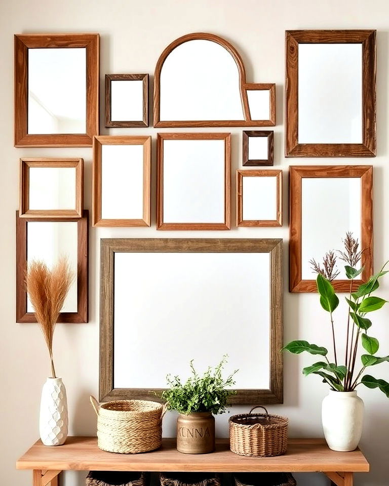 earthy touch with mirrors framed in rustic wood - 15 Mirror Collage Wall Ideas