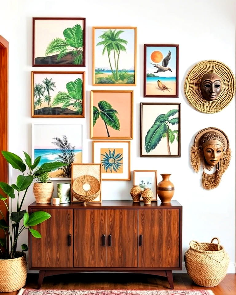 eclectic art and decor pieces atop a sideboard - 15 Bohemian Tropical Bohemian Decor