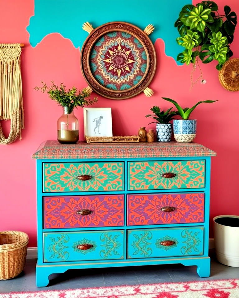 eclectic bohemian style dresser - 35 Painted Dresser Ideas