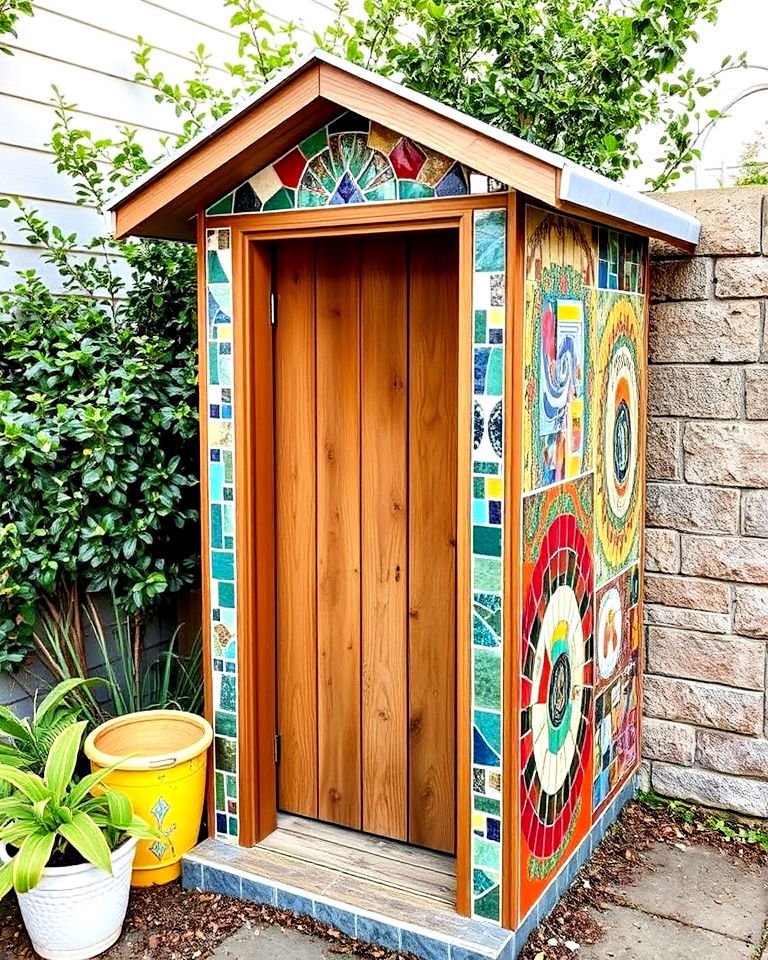 eco friendly artistic mosaic outhouse - 15 Outhouse Design Ideas
