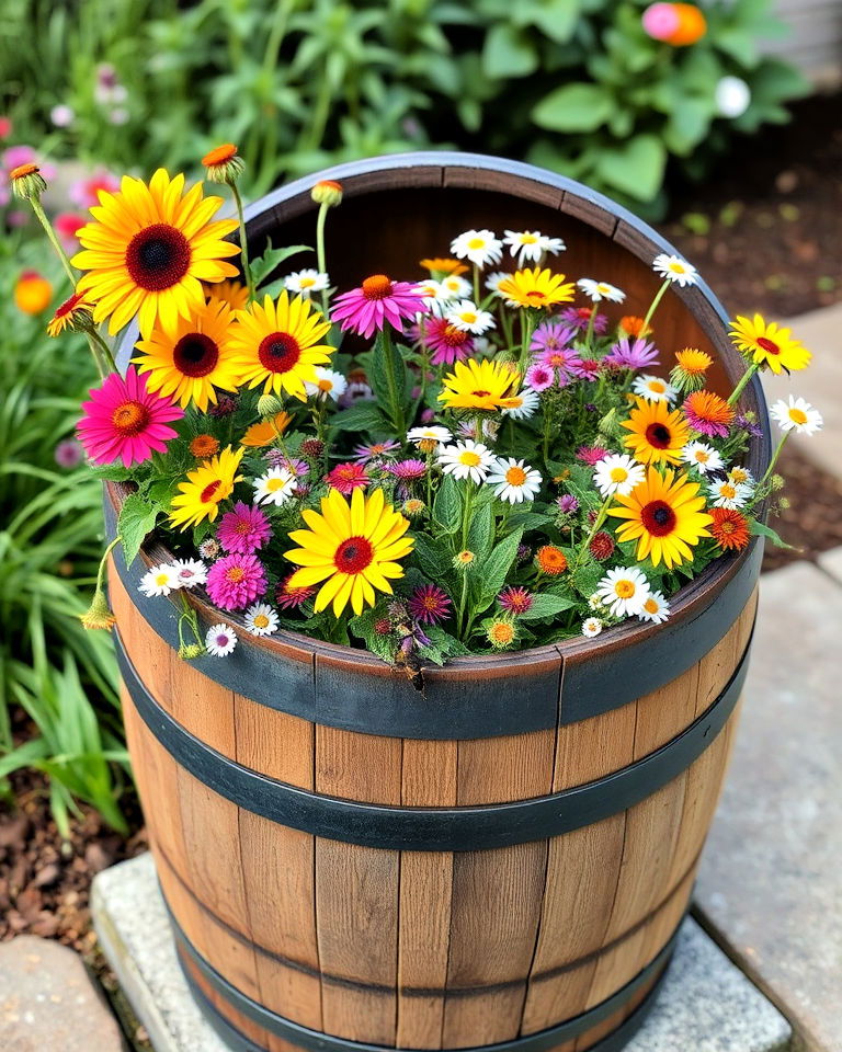 eco friendly mixed wildflower planter - 20 Whiskey Barrel Planter Ideas
