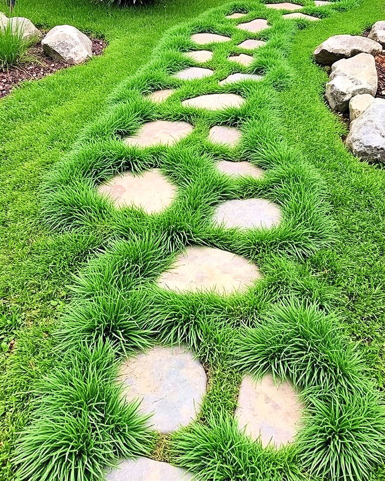eco friendly stepping stones with grass - 20 Garden Stairs Ideas