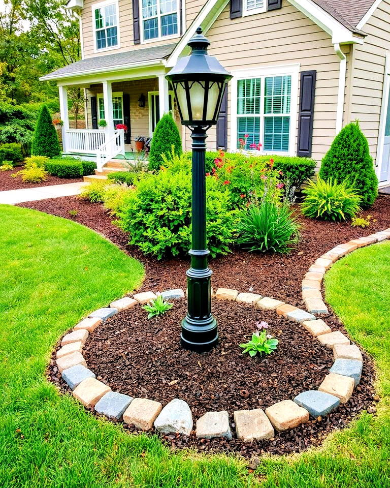 edging stones lamp post landscaping - 15 Front Yard Lamp Post Landscaping Ideas