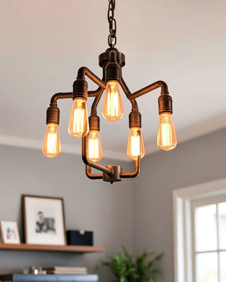 edison bulb chandeliers industrial office centerpiece - 30 Industrial Home Office Ideas