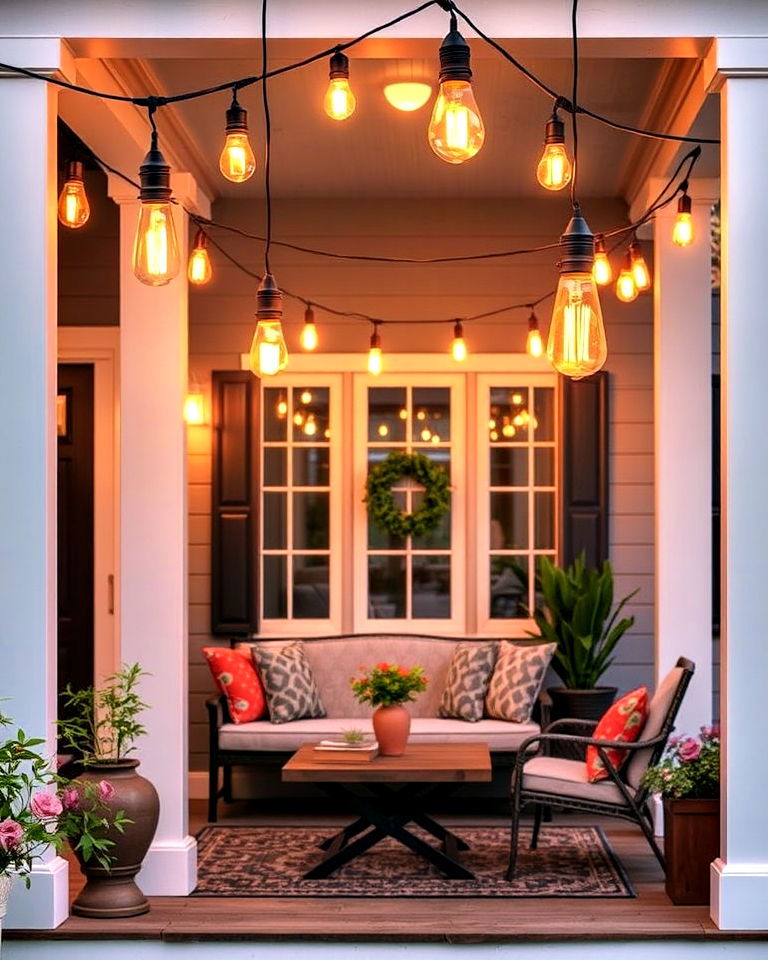 edison bulb string lights for vintage charm - 15 Front Porch String Lights Ideas